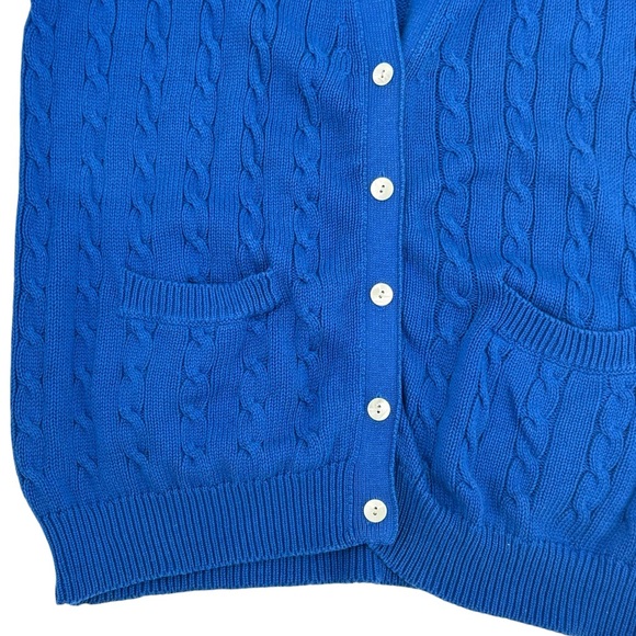 Vintage 80s Talbots Cable Knit Cardigan Sweater V-Neck Button Up Blue Cotton XL - Picture 2 of 6